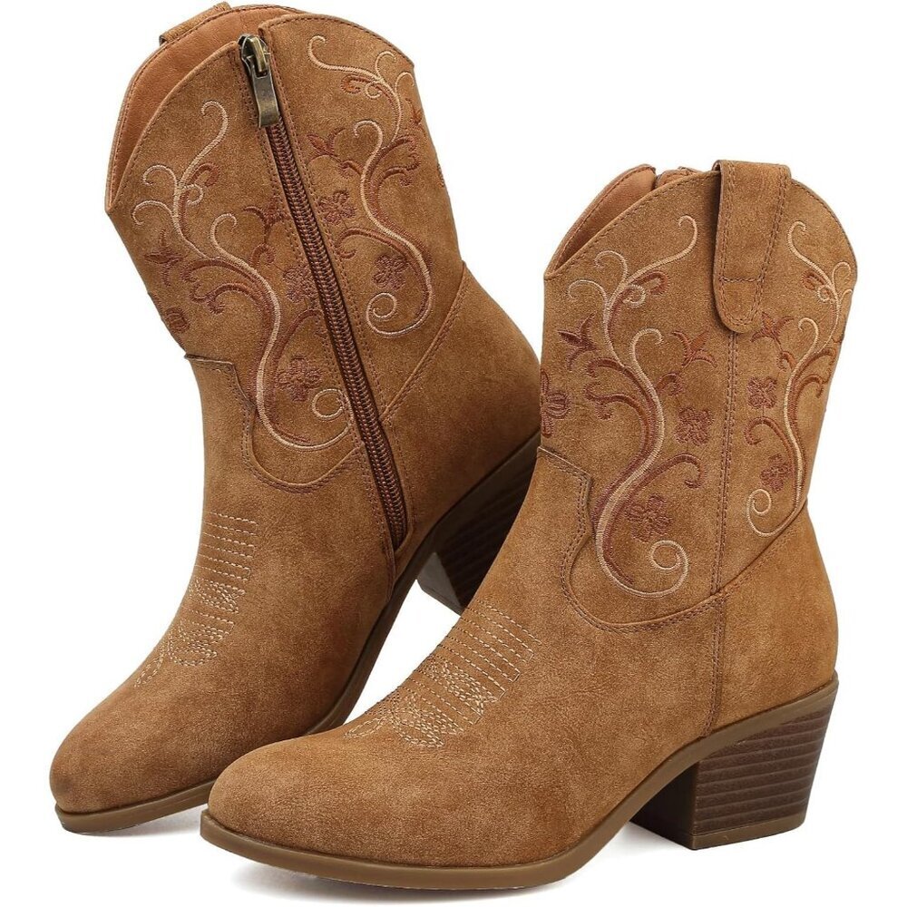 Woman's Tan Rubber Cowgirl Floral Embroidery Stylish Classic Comfortable Boots
